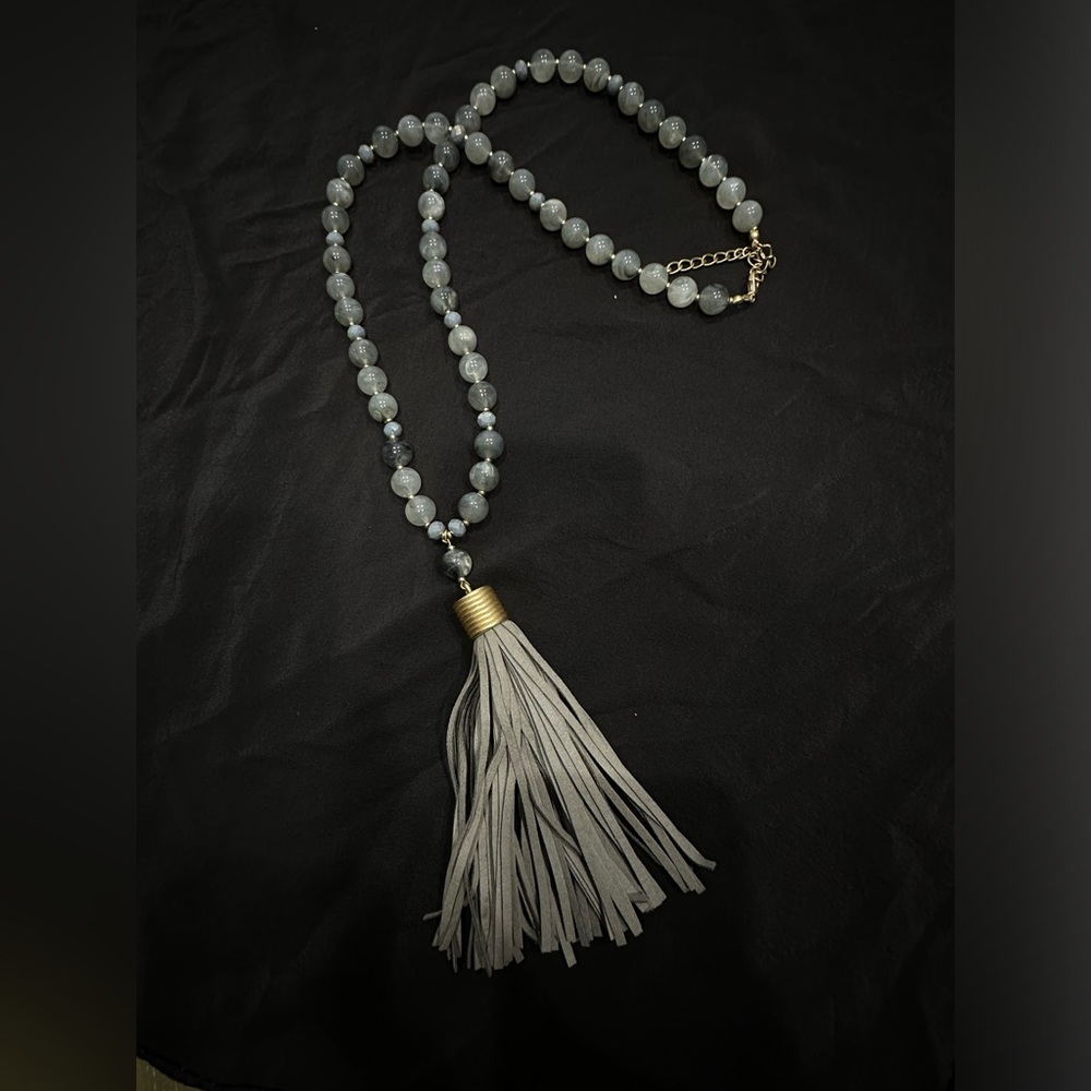 Grey Beaded Suede Tassel Necklace - 30”